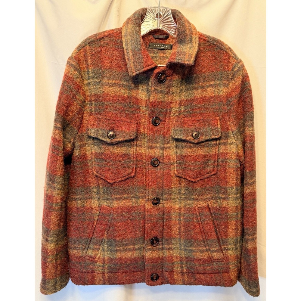 Zara Man Size Medium Plaid Wool Blend Shirt Jacket Shacket Red Gold Fall Jacket